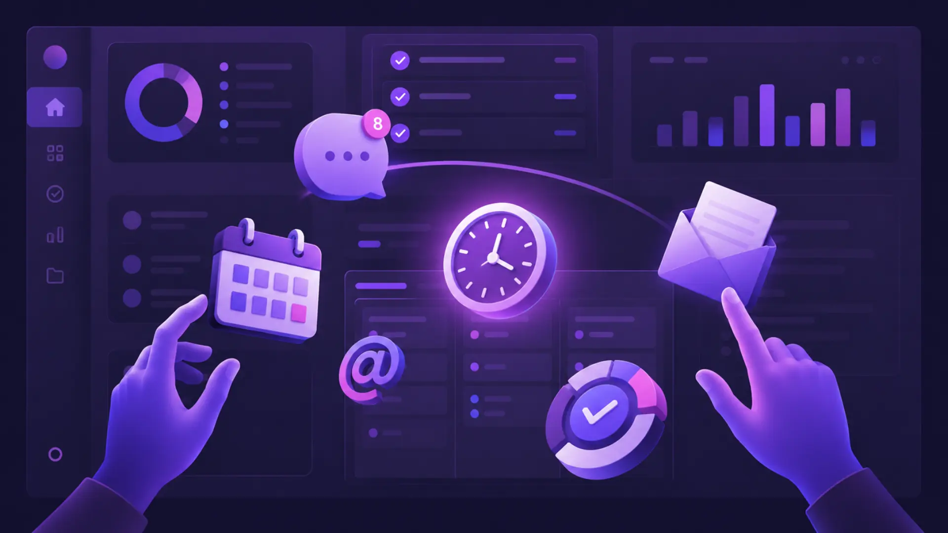 Business professional multitasks with premium charcoal, gold, cream, and deep blue icons