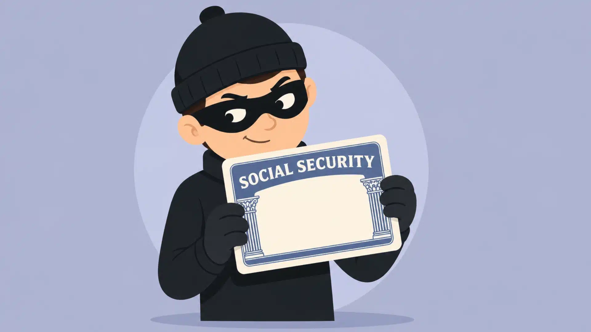 Cartoon thief holding a Social Security card illustration about identity theft protection