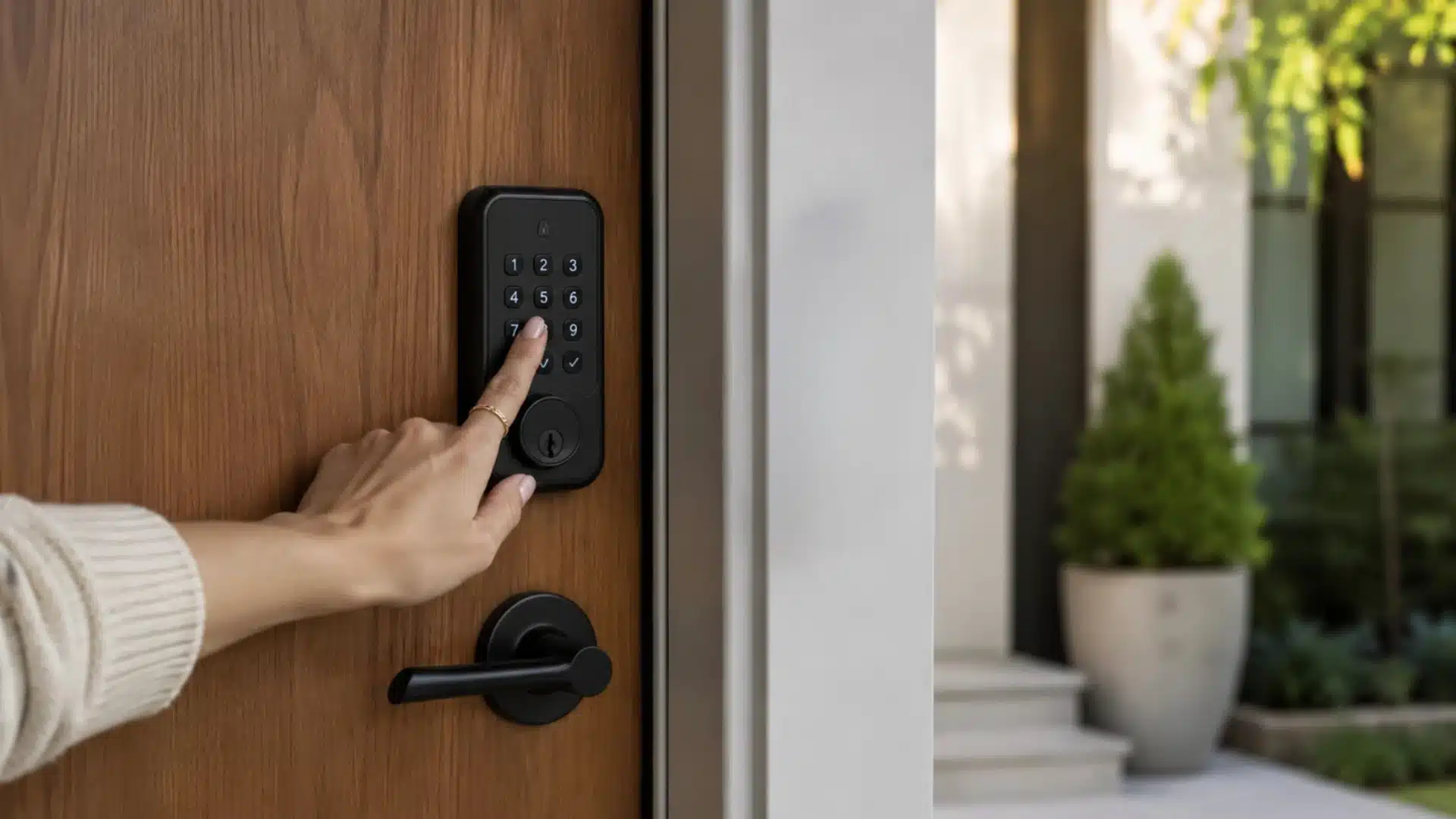 Close-up of a hand pressing buttons on a black electronic smart lock keypad mounted on a wooden front door