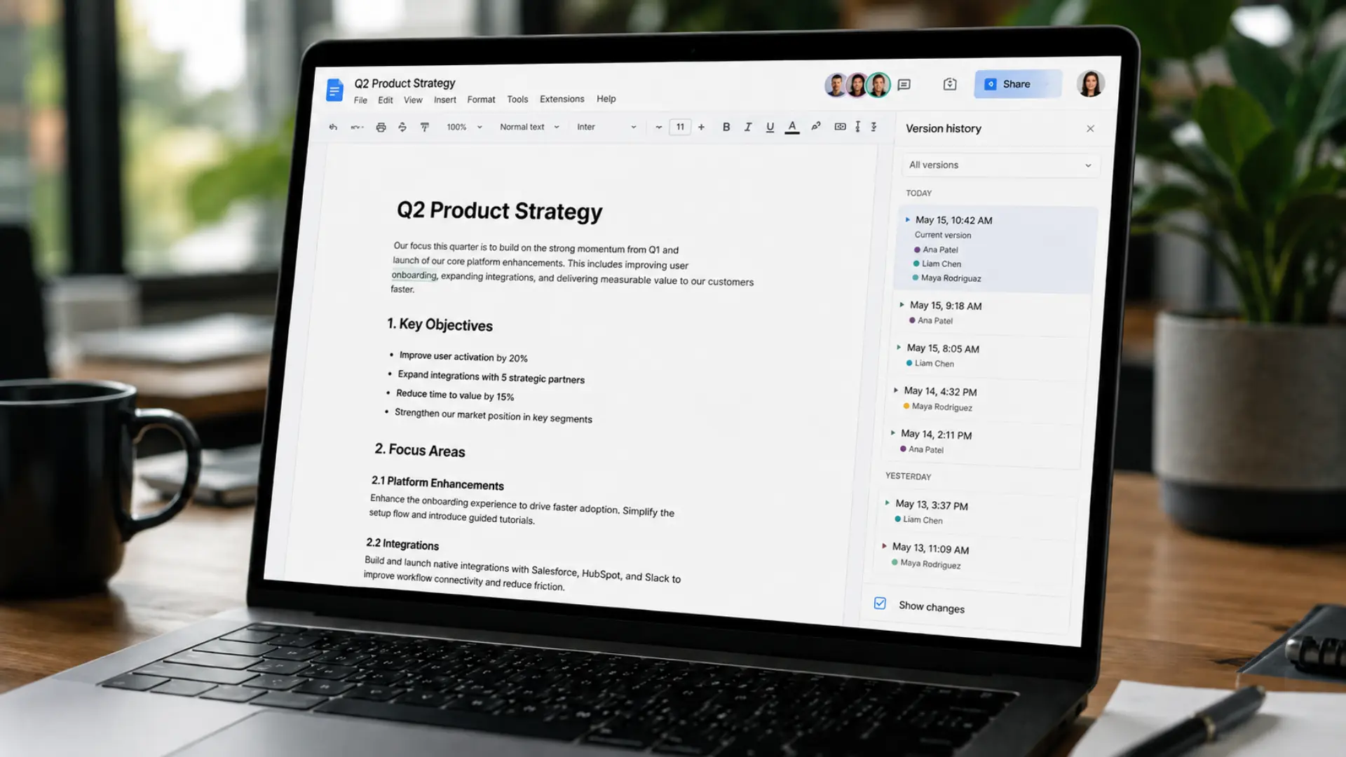 Collaborative editing workspace showing multiple team members working on a shared content document
