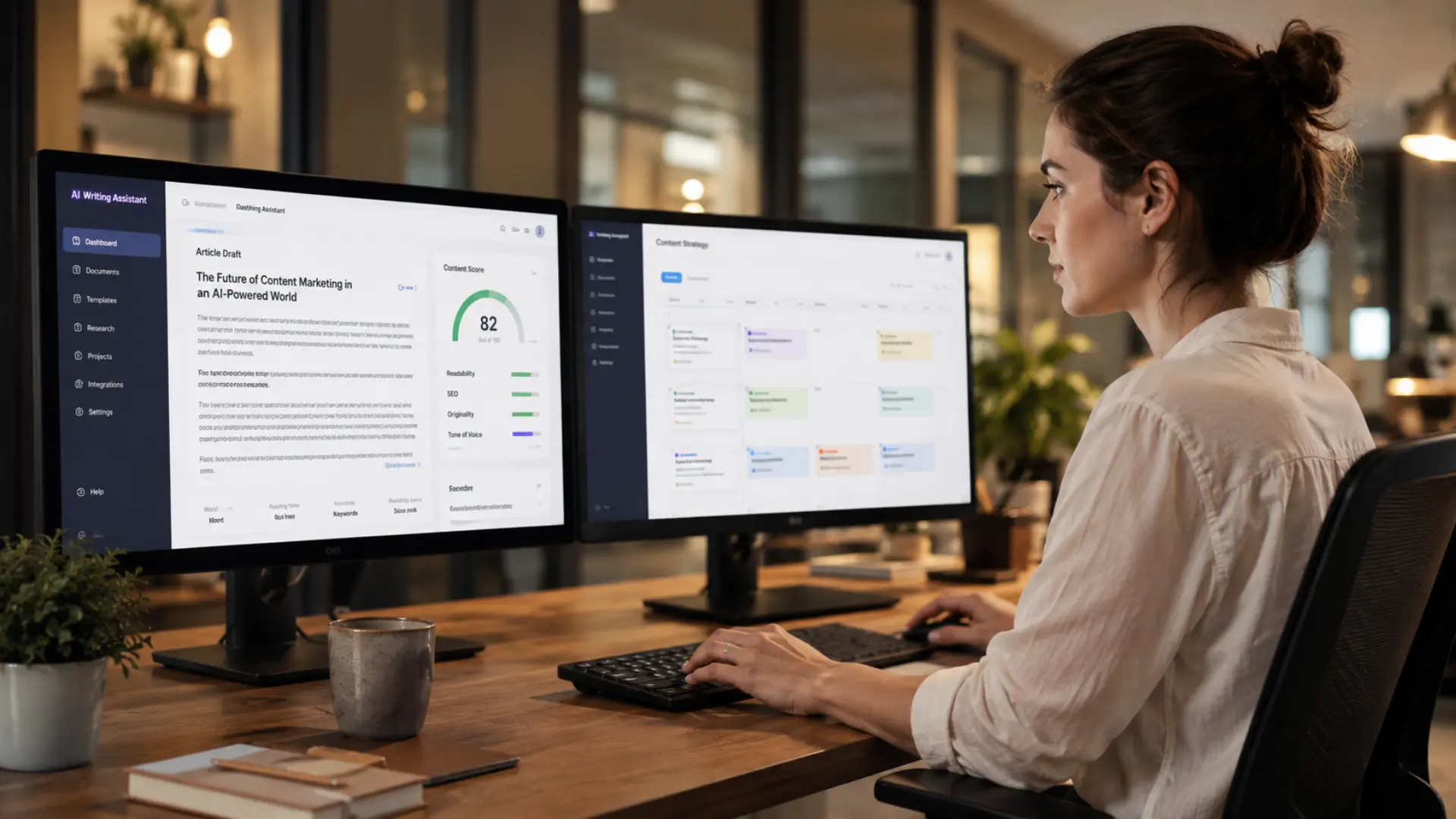 Content marketer using an AI writing tools dashboard with real-time SEO scoring on screen