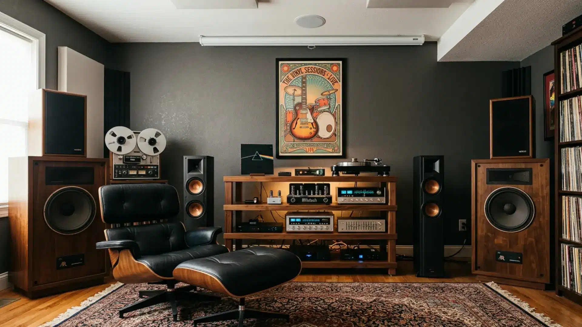 Cozy listening room with an Eames lounge chair facing a high-end audio setup, large speakers, and vinyl records.