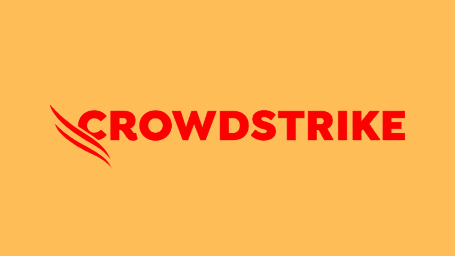 CrowdStrike logo with bold red text and three stylized red lines on a orange background