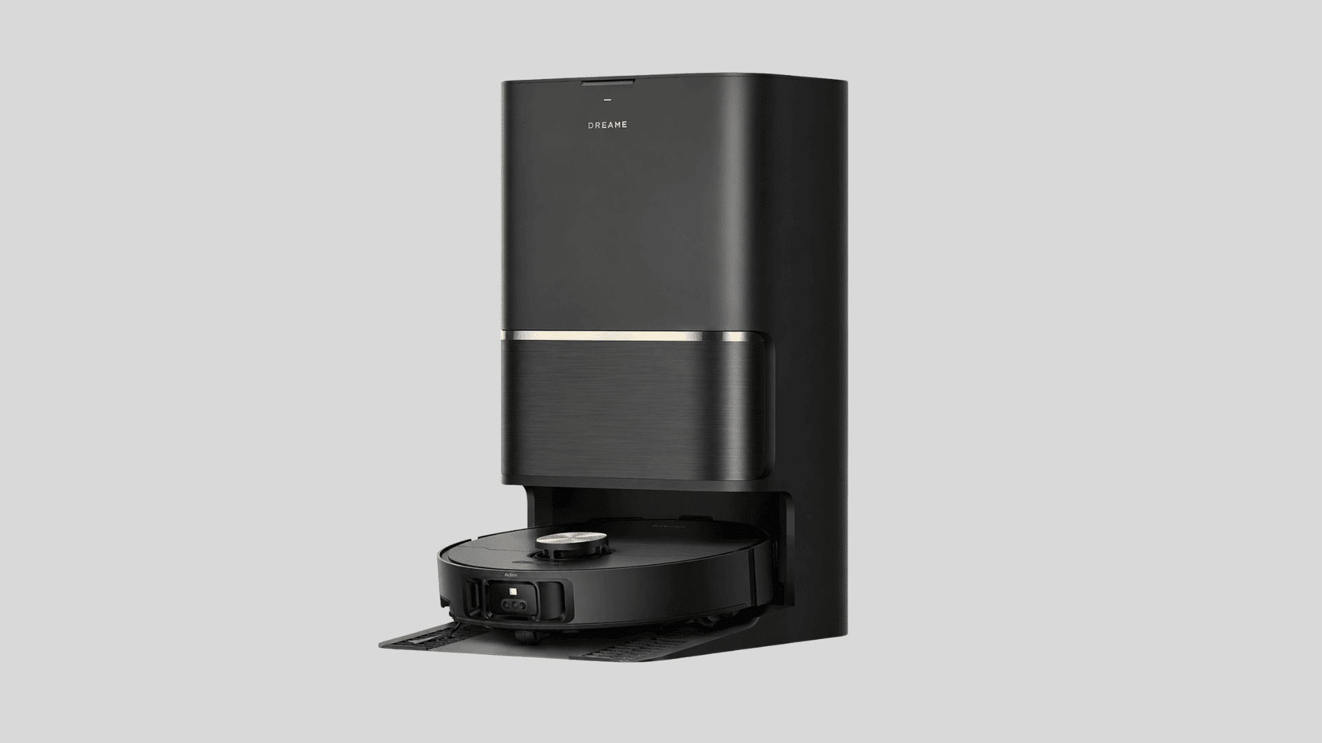 Dreame L50 Ultra robot vacuum in a docking station with gold accents on a grey background, showing modern design