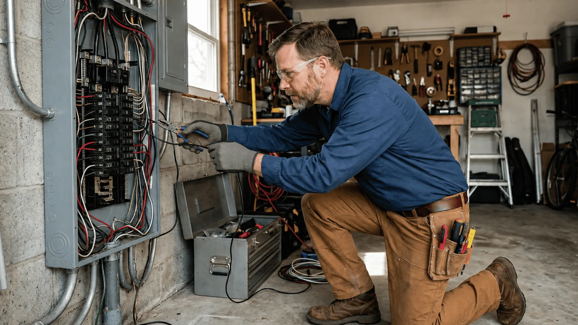 Electrician repairing residential breaker panel in garage with exposed wiring and safety gear