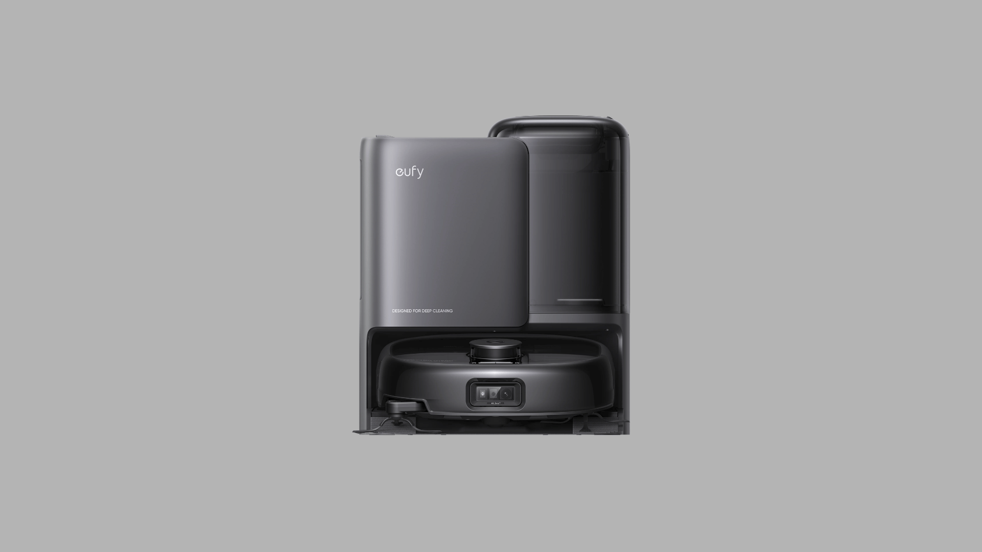 Eufy robot vacuum with black docking station on a dark background, featuring a sleek modern cleaning design