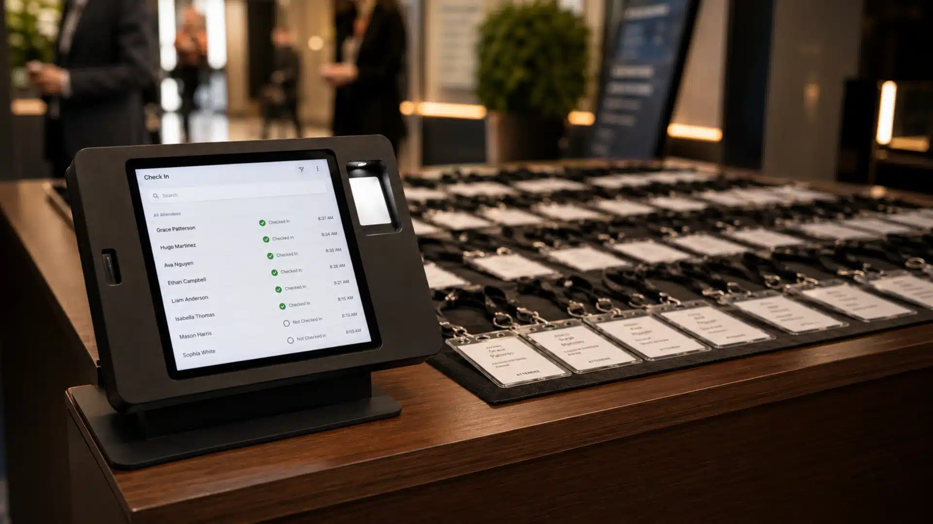 Event check-in tablet with badges on table