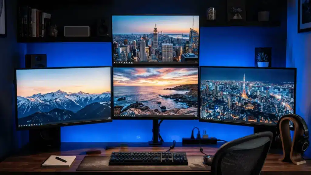 Four-monitor 2x2 stacked desk setup with cityscape and nature wallpapers, keyboard, mouse, headphones, and ambient blue lighting