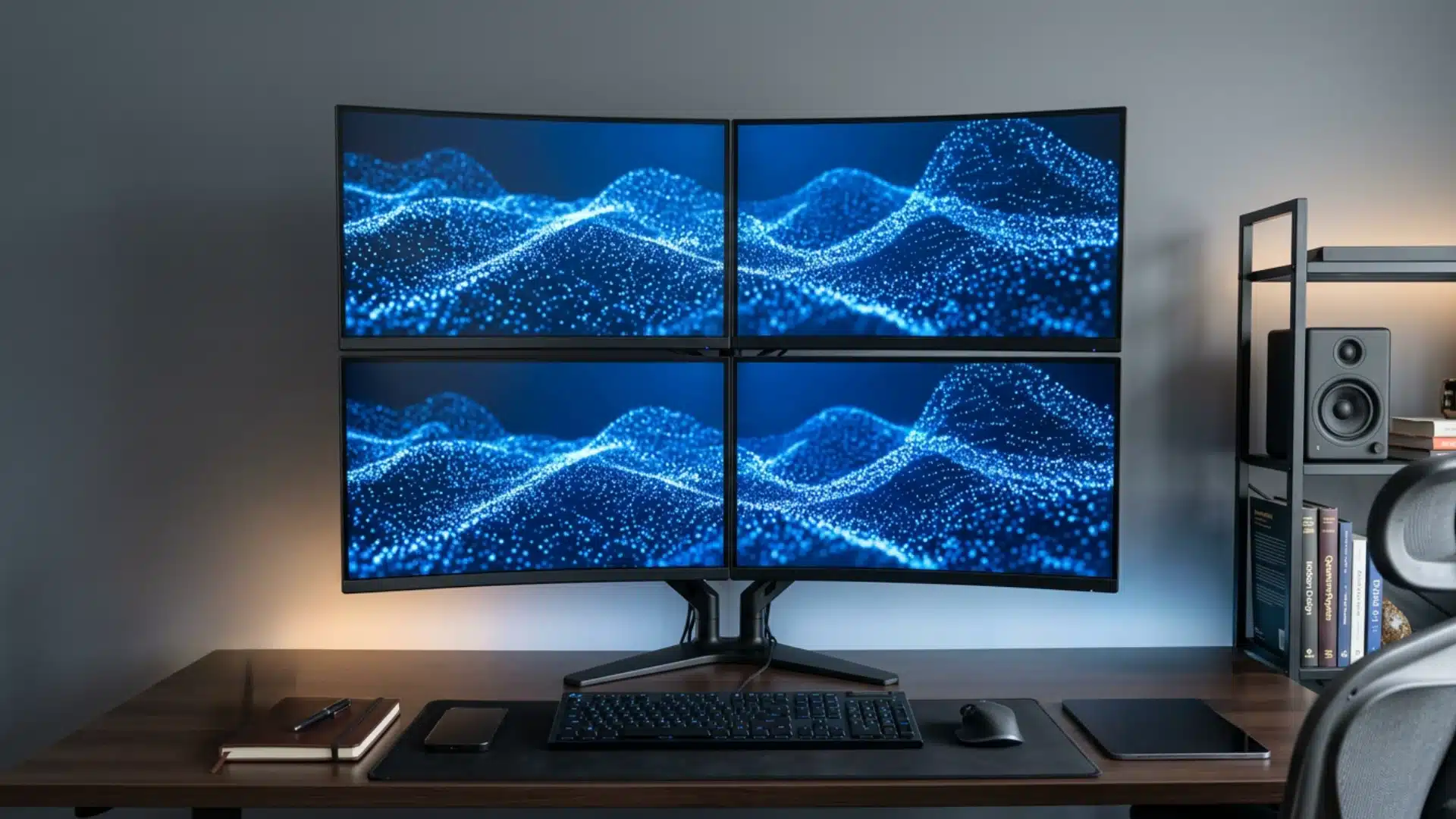 Four-monitor desk setup with stacked screens, blue digital wallpaper, keyboard, mouse, headphones, and shelf