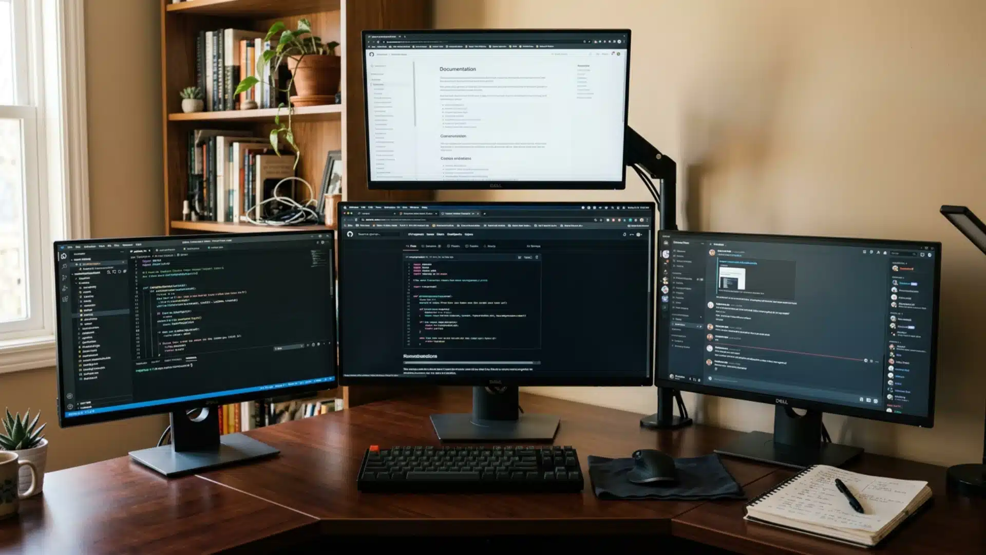 Four-monitor primary-plus-three desk setup with coding screen, dashboards, documents, keyboard, mouse, and bookshelf