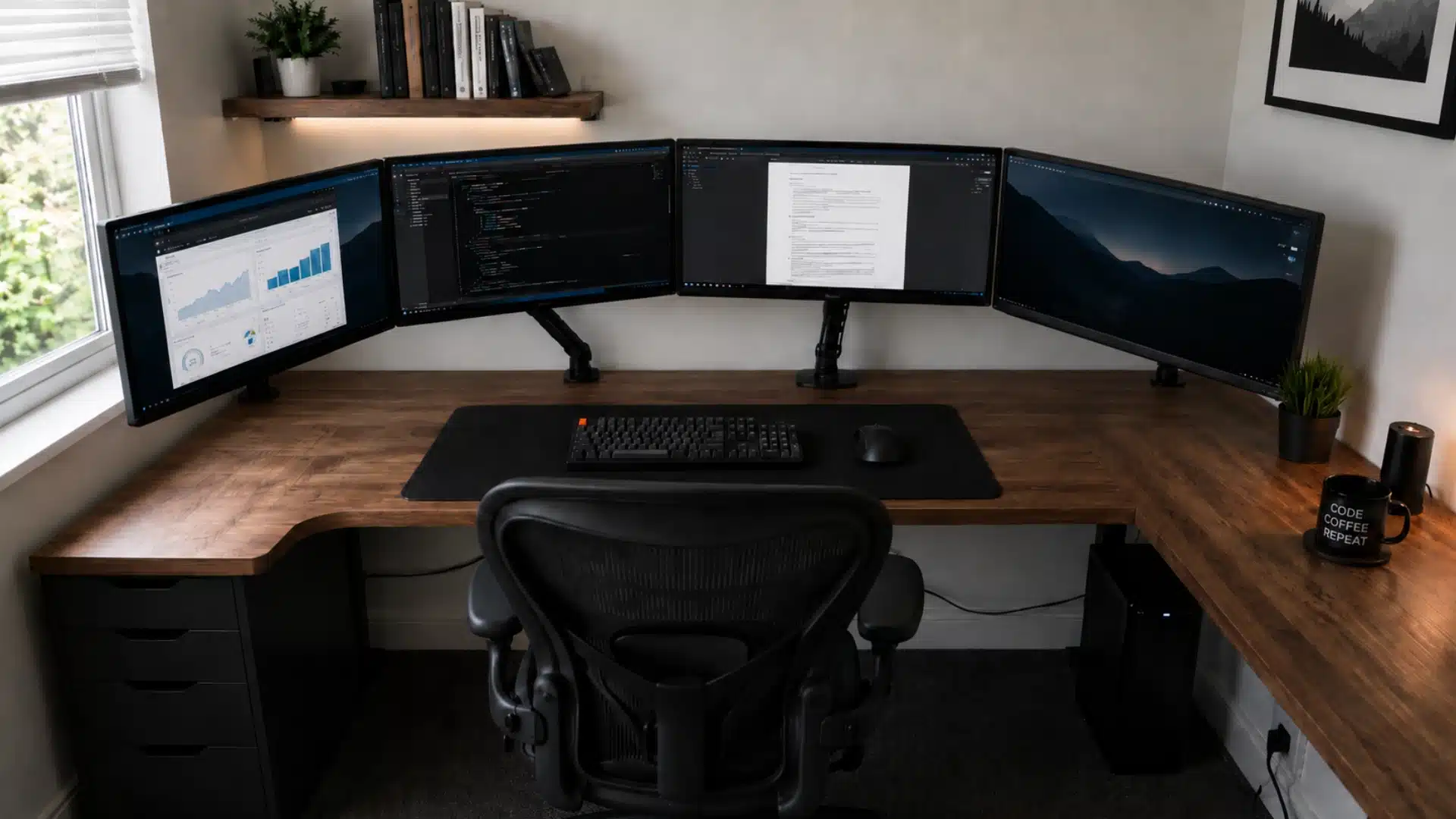 Four monitors in a curved arc on an L-shaped wooden desk with chair, keyboard, plants, and window light