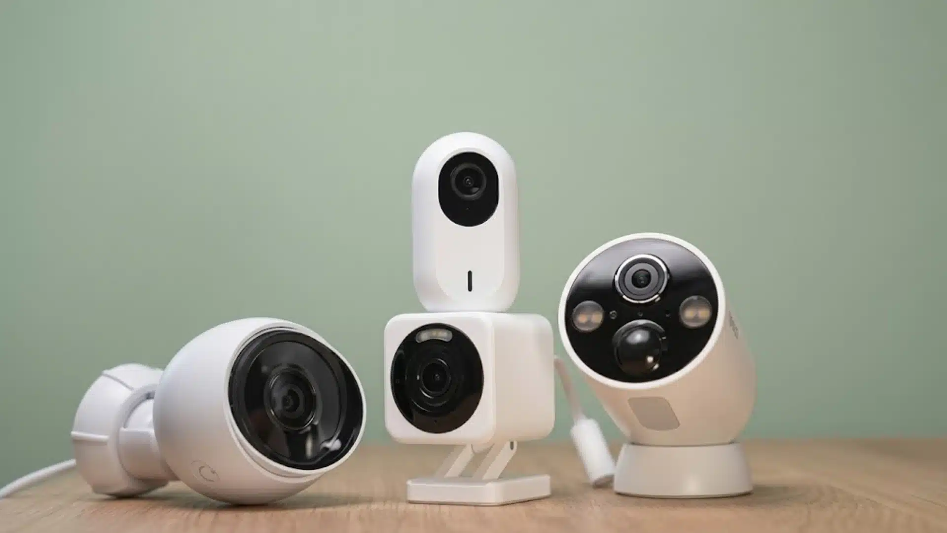 Four white smart home security cameras of various shapes arranged on a wooden surface against a light green background.