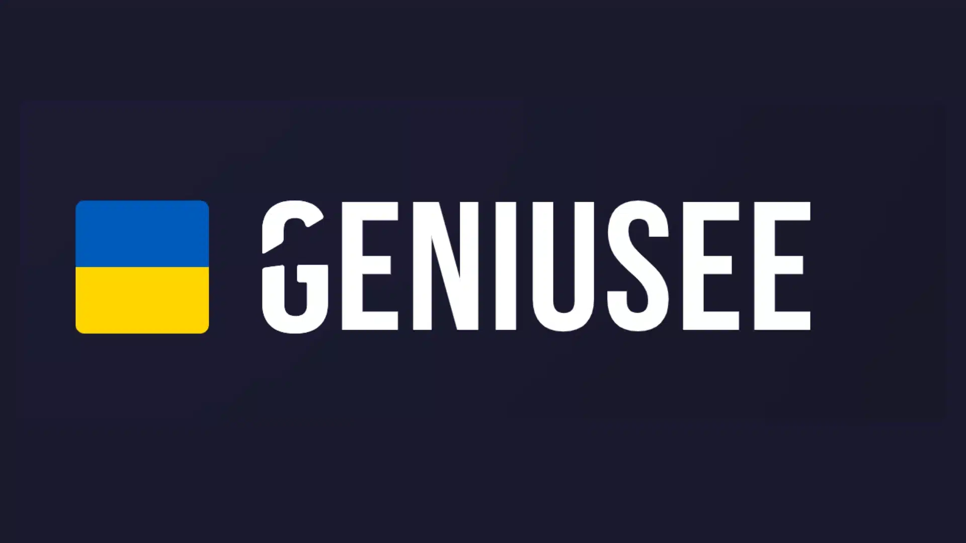 GENIUSEE logo with white uppercase text and blue-yellow square icon on dark navy background