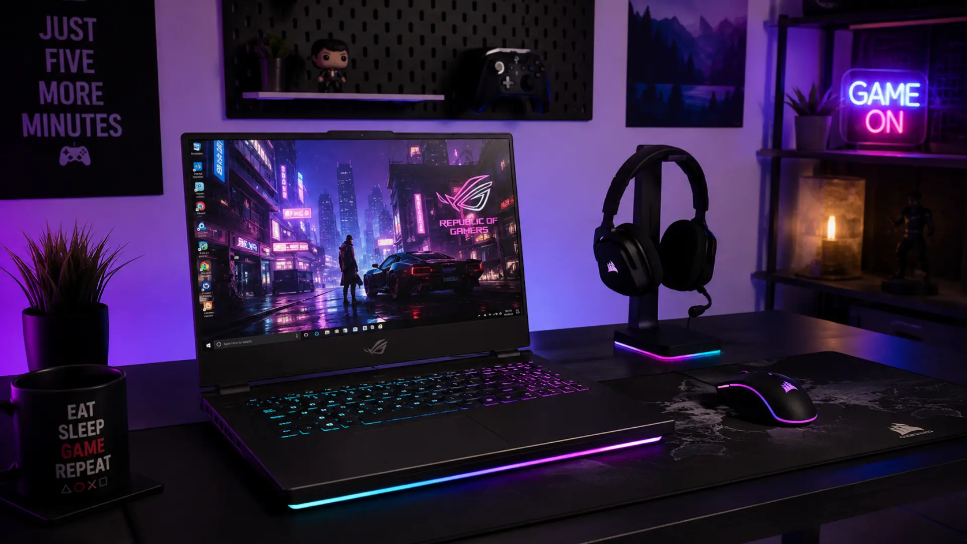 Gaming laptop setup with RGB lights, headset, mouse, and neon decor on a dark desk