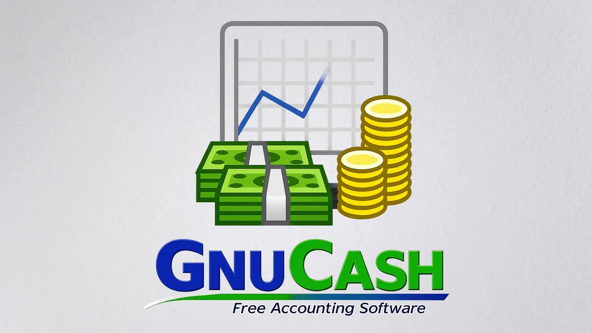 GnuCash free accounting software logo with money stacks and coins illustration
