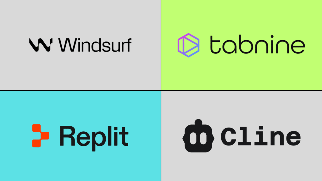 Grid layout showing Windsurf, Tabnine, Replit, and Cline AI coding tool logos in separate colored panels