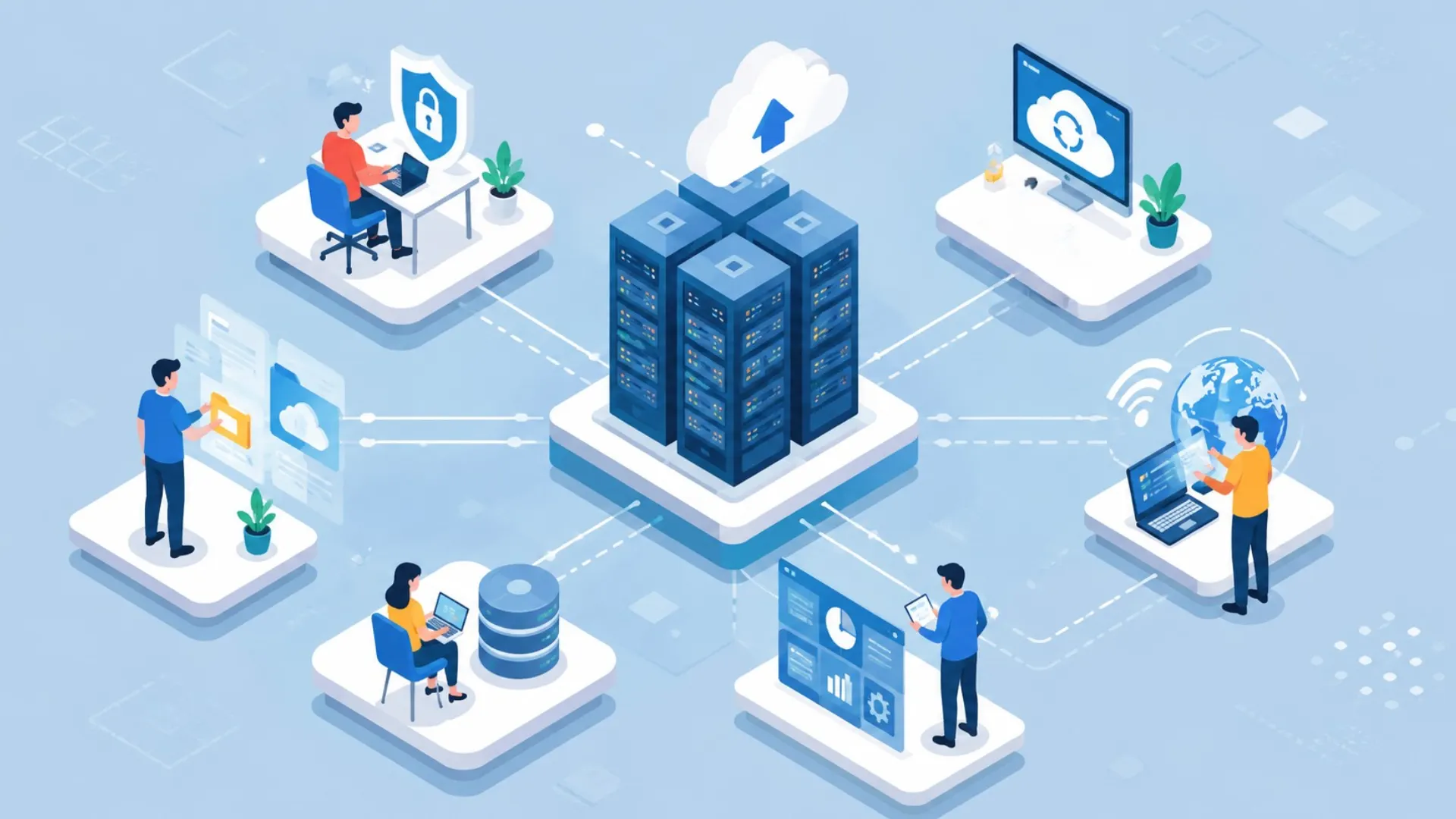 Isometric cloud backup and disaster recovery network with connected users, servers, and secure data systems