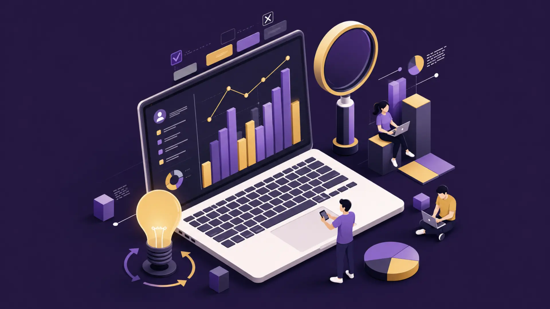 Isometric laptop analytics dashboard with charts, team figures, light bulb, and magnifying glass