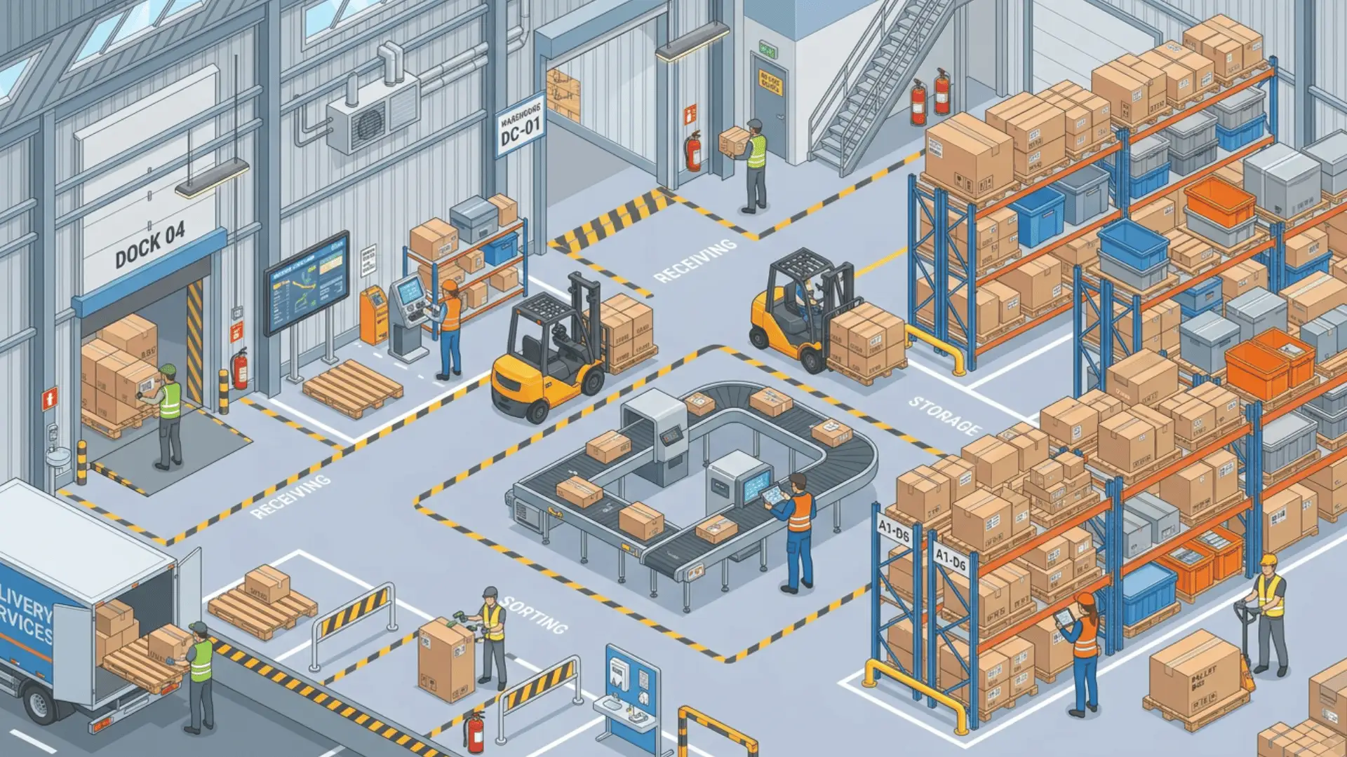 Isometric warehouse illustration with forklifts, workers, pallets, shelves, and delivery truck indoors.