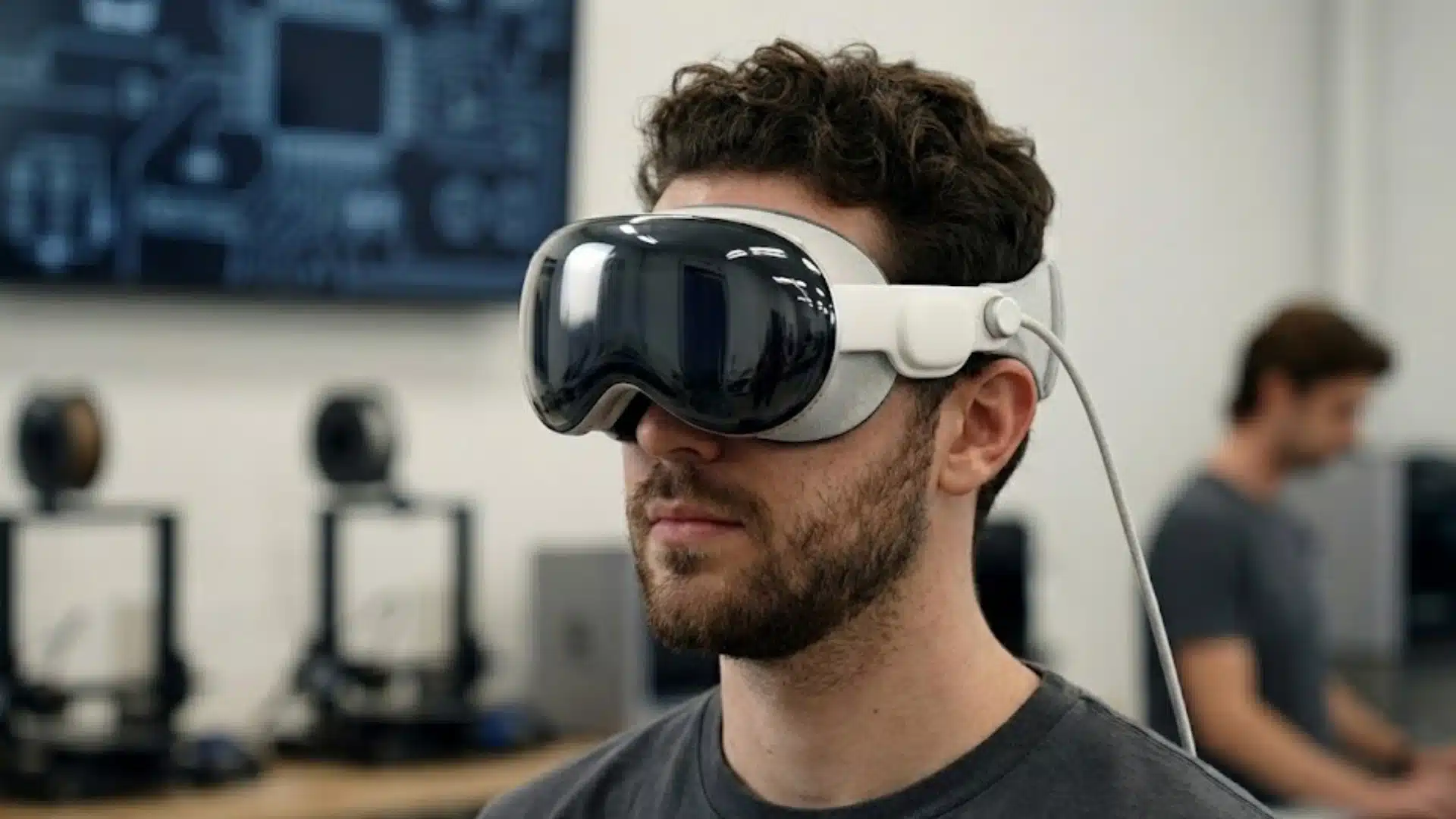 Man wearing VR headset in a lab, testing spatial computing technology while another works in background