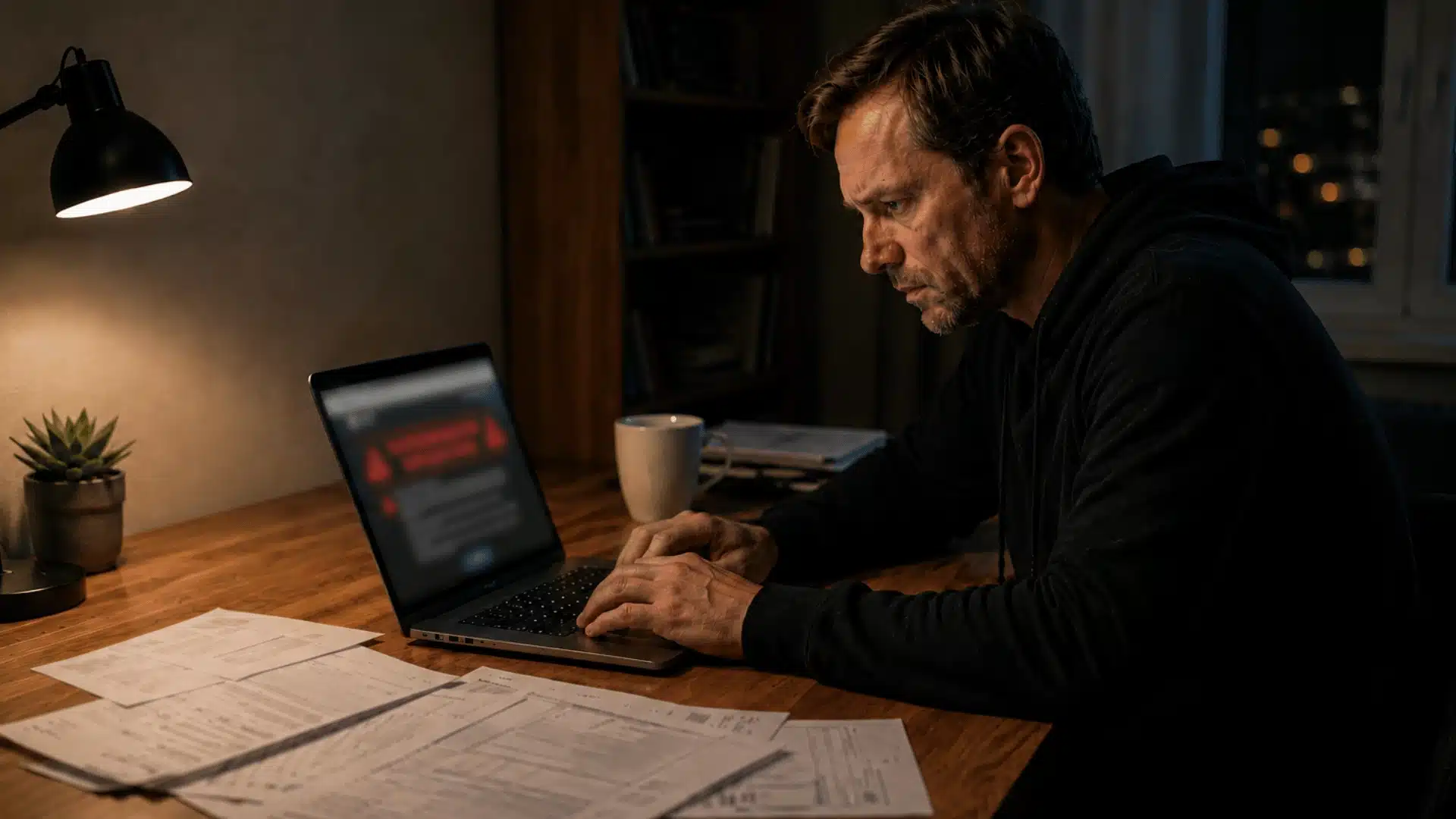 Man working late on laptop with scam warning screen and financial papers on desk