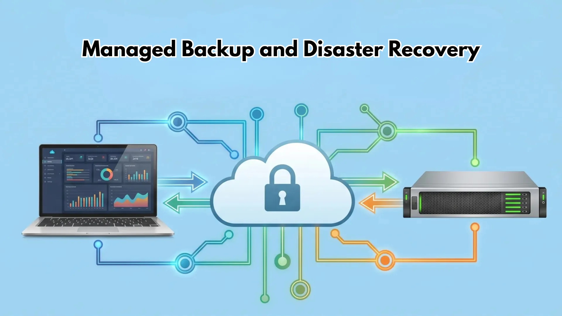 Managed backup and disaster recovery cloud system with secure data transfer between laptop and server network
