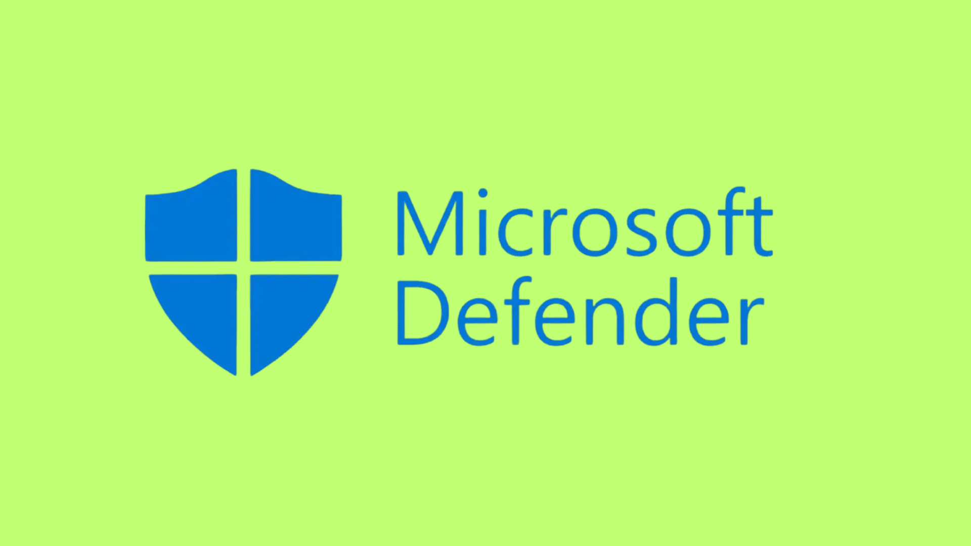 Microsoft Defender logo with blue shield icon and blue wordmark on a lime background