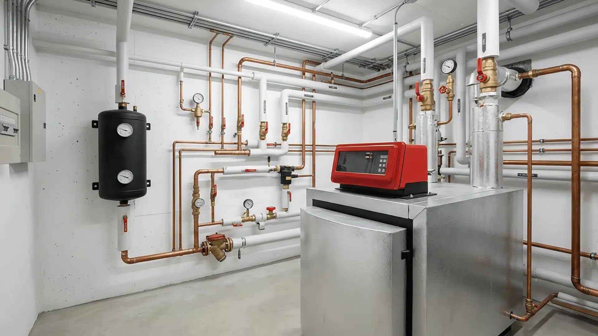 Modern HVAC mechanical room with copper pipes, valves, gauges, and heating equipment in a clean utility space