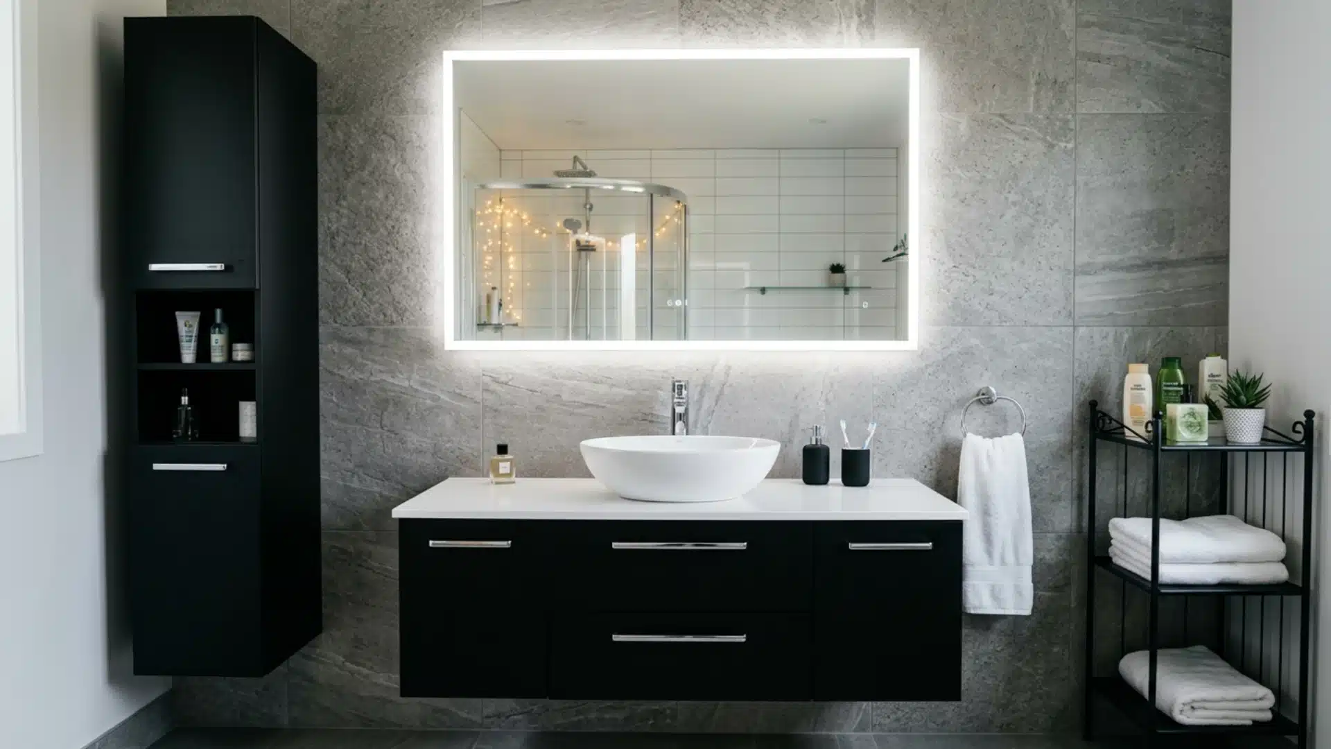 Modern bathroom vanity with a black floating cabinet, white vessel sink, and a large backlit LED mirror