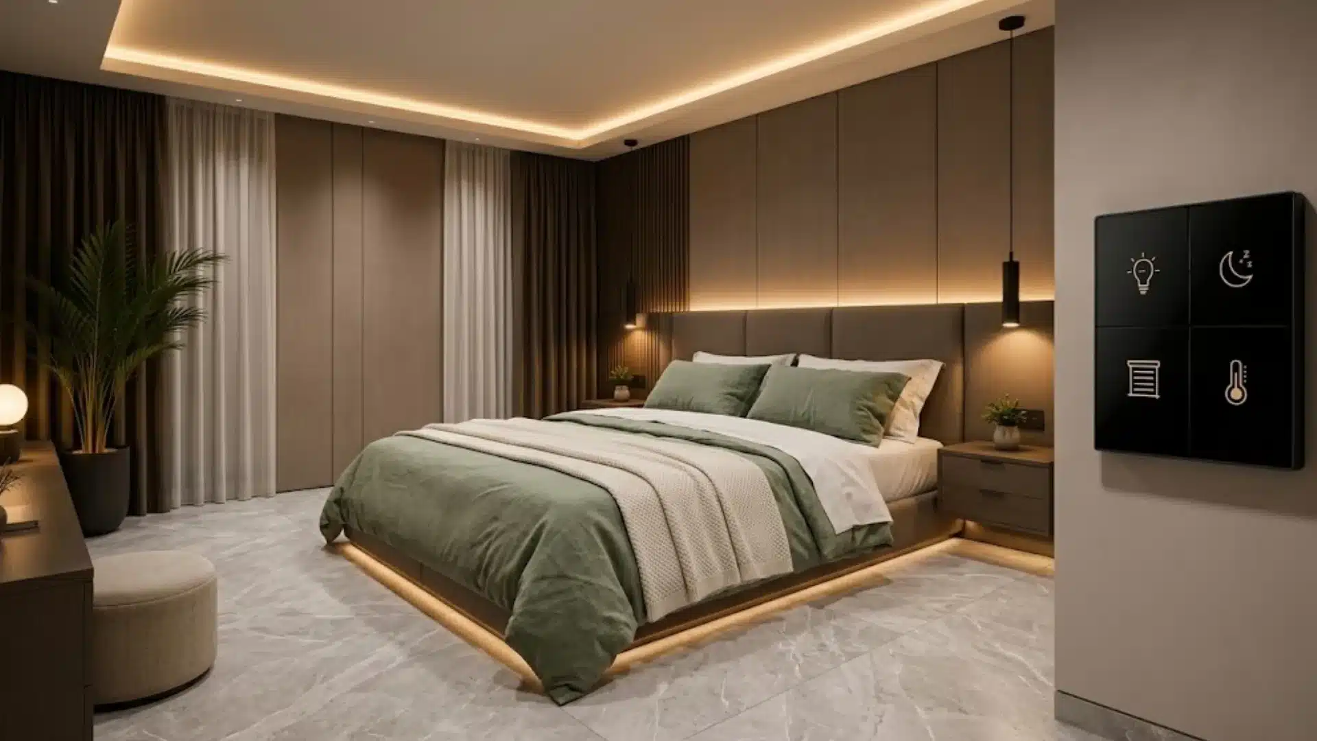 Modern smart bedroom with ambient LED lighting, upholstered bed, and wall mounted home controls