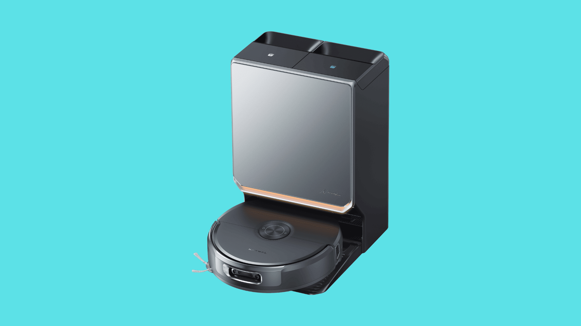 Narwal robot vacuum with black docking station and silver front panel, showing a sleek modern cleaning setup