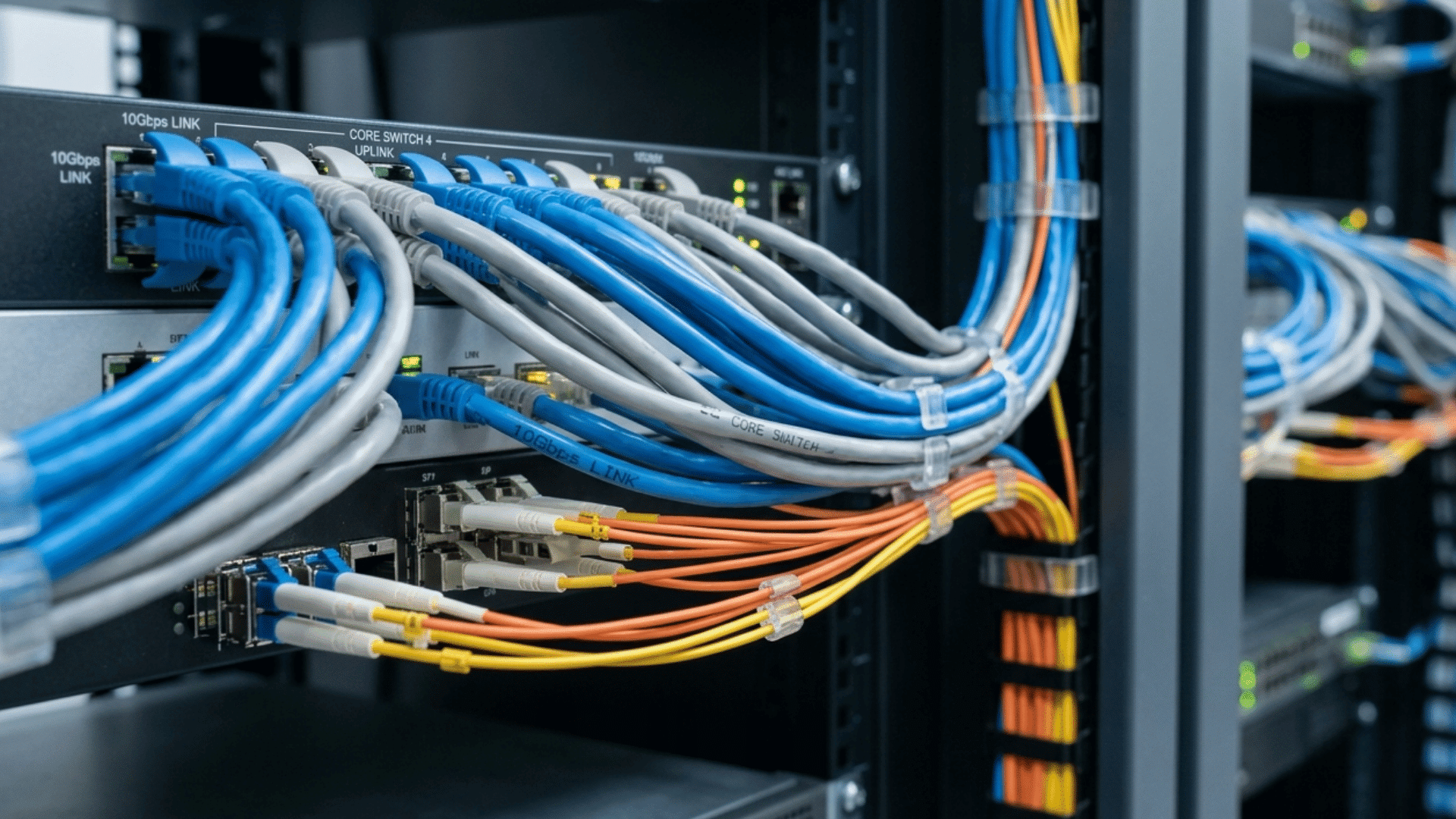 Network server racks with organized blue orange and yellow cables showing data connections and internet infrastructure