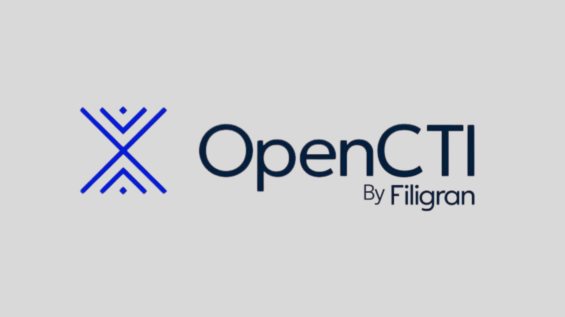 OpenCTI by Filigran logo with blue geometric icon and dark wordmark on a grey background