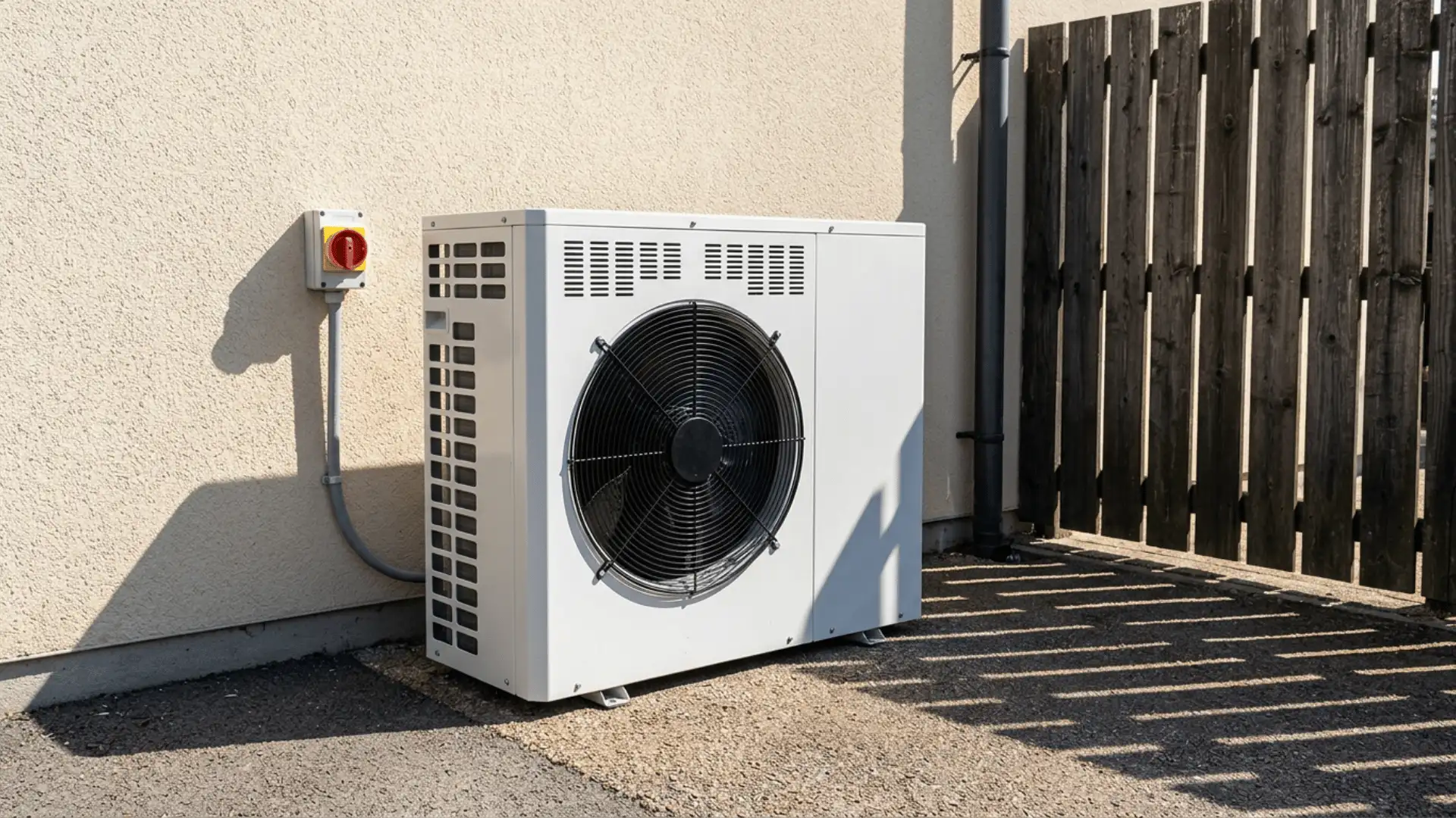 Outdoor heat pump unit installed beside a home wall near an electrical switch and wooden fence