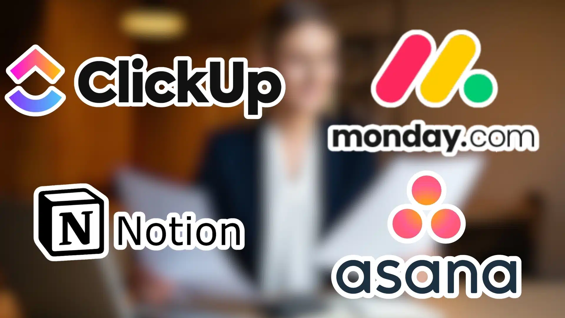 Project management software logos over a blurred business professional holding documents in an office setting