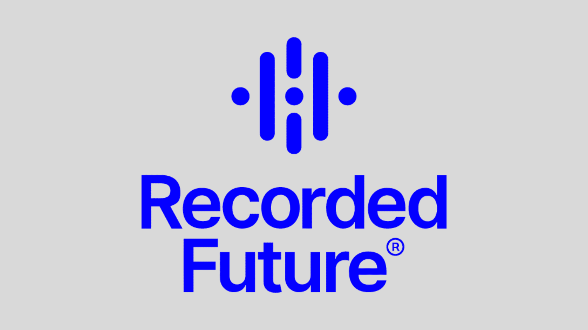 Recorded Future logo with blue vertical icon and blue wordmark on a grey background