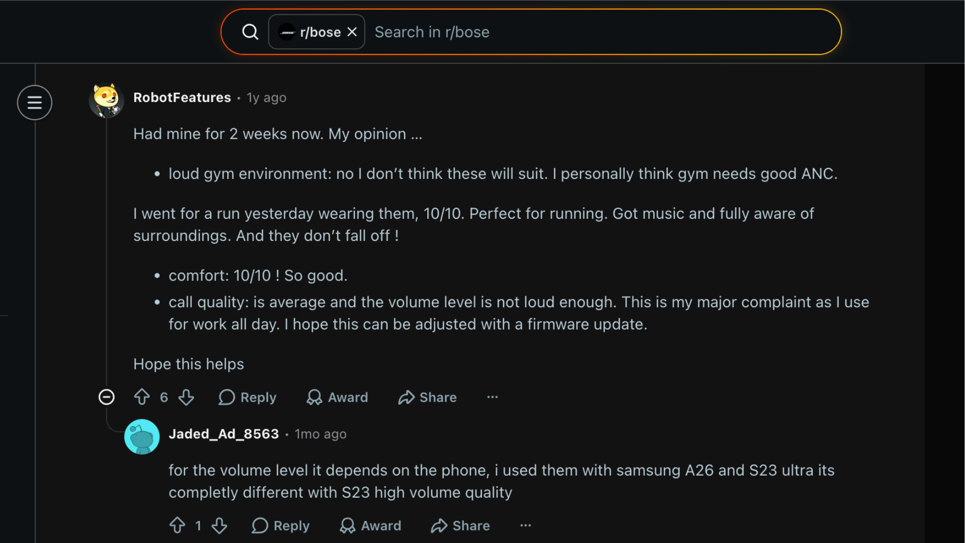 Reddit discussion on Bose Ultra Open Earbuds showing user reviews about comfort, calls, and running use