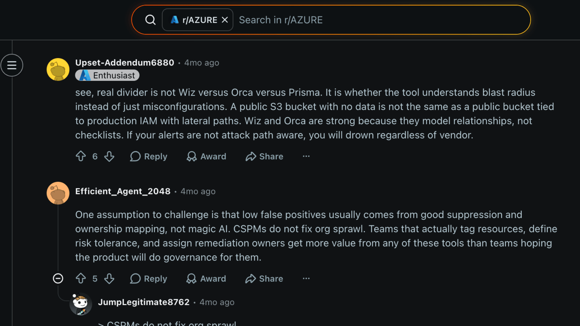 Reddit discussion screenshot from rAZURE showing users debating Microsoft Defender for Cloud and comparing CSPM tools