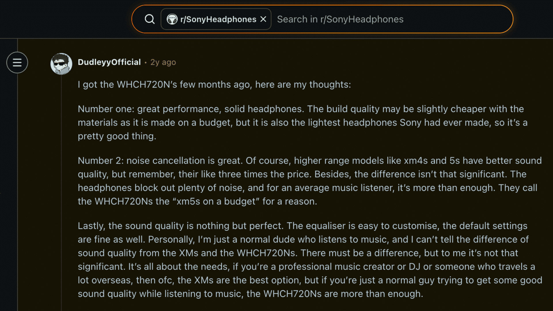 Reddit post screenshot showing a user sharing detailed thoughts and feedback on the Sony WH-CH720N headphones