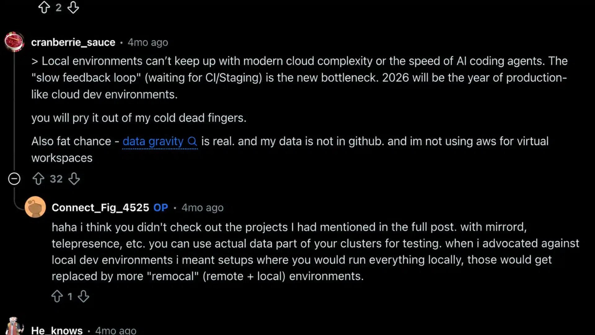 Reddit thread debating cloud dev environments, data gravity, and remote local workflows