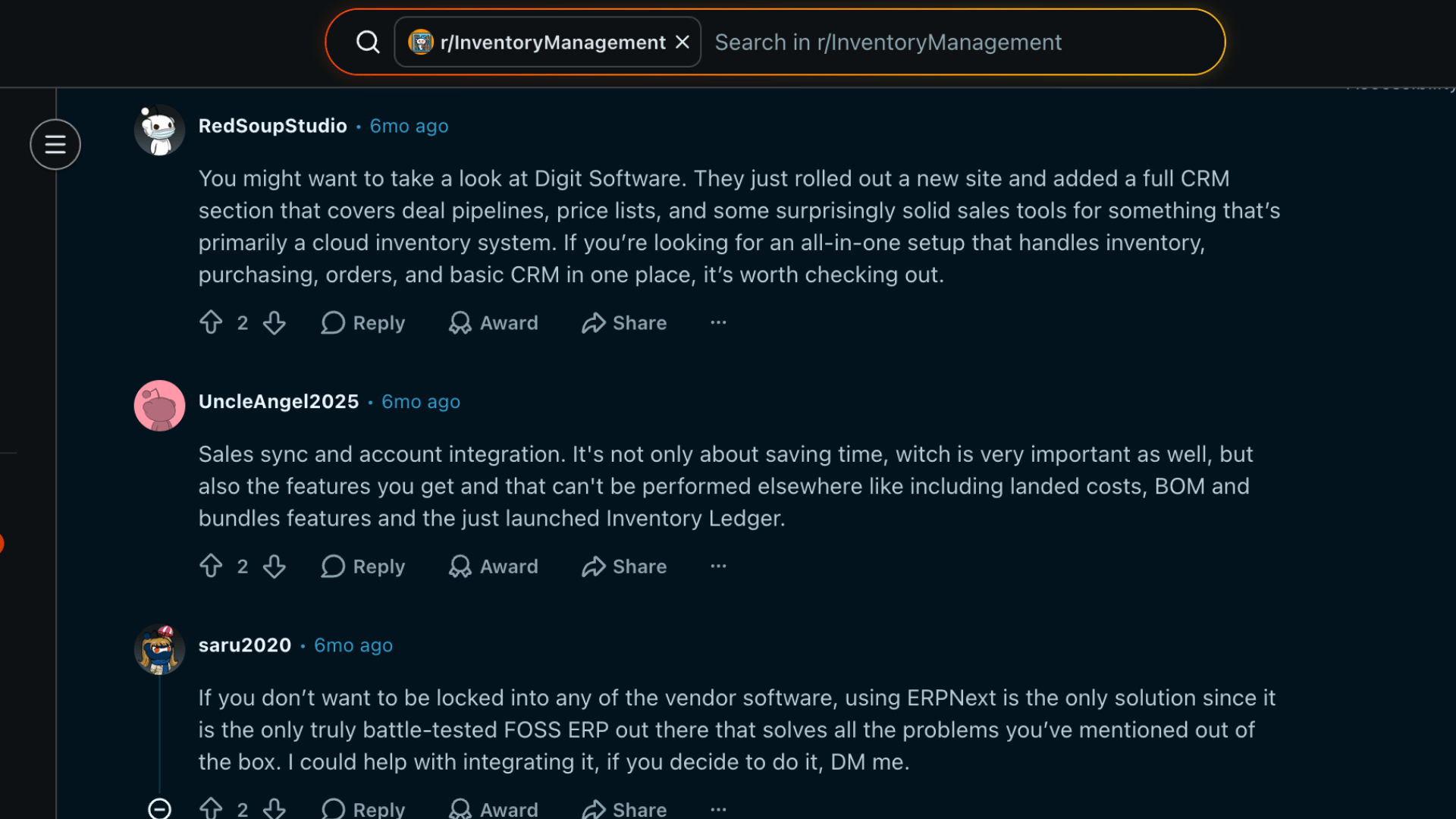 Reddit thread discussing inventory software options like Digit Software, ERPNext, and CRM features