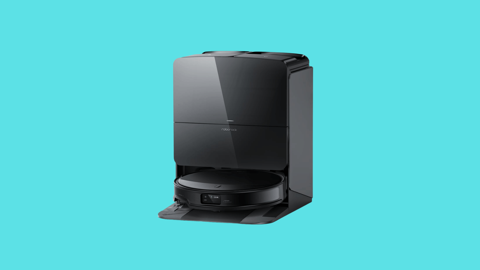 Roborock Saros 10R robot vacuum in its sleek black docking station, showing a modern high-tech design