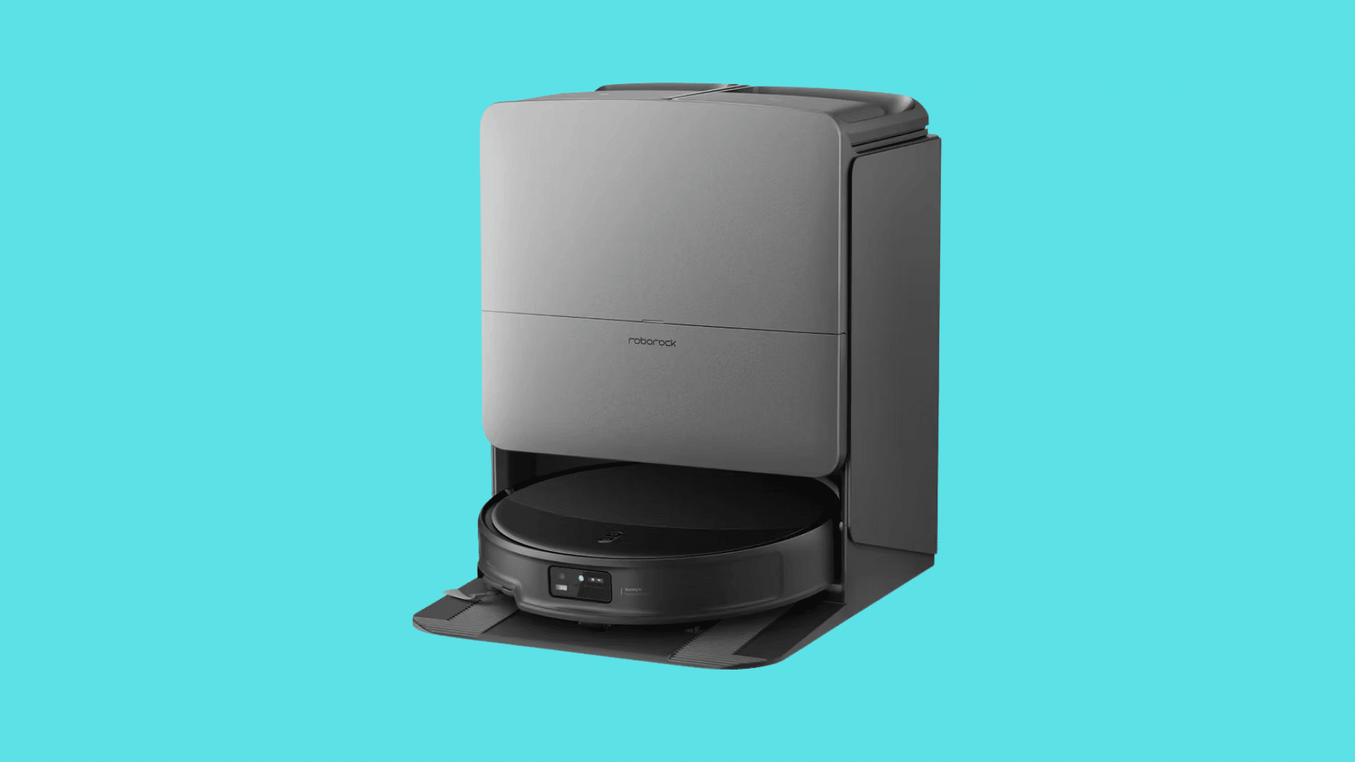 Roborock robot vacuum with gray docking station on a blue background, featuring a sleek modern design