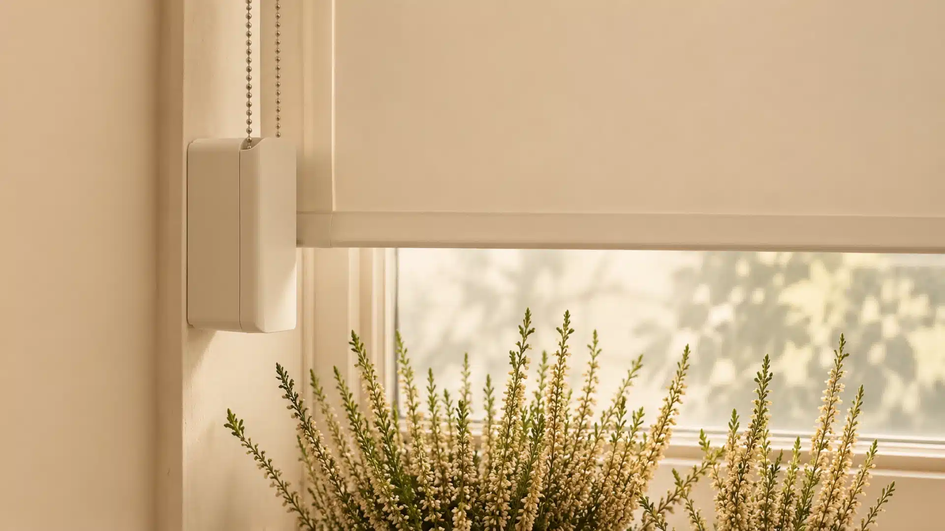 Smart retrofitted motorized controller attached to the beaded chain of a beige roller window blind