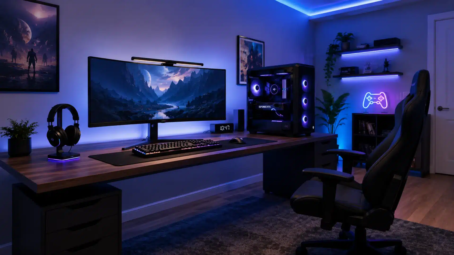 Spacious gaming room with curved monitor, RGB desktop PC, keyboard, mouse, and blue-purple lighting