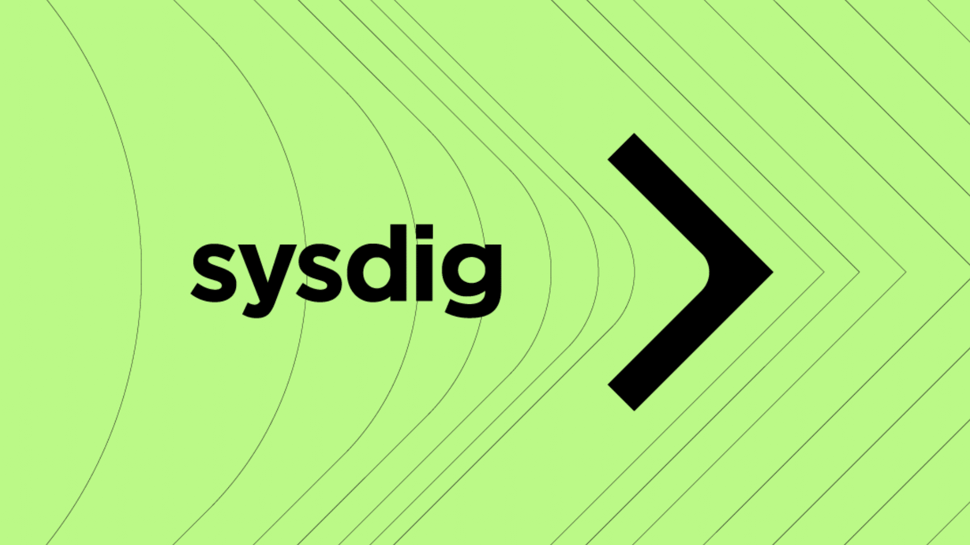 Sysdig logo with black text and a large black arrow on a light green background with subtle contour lines