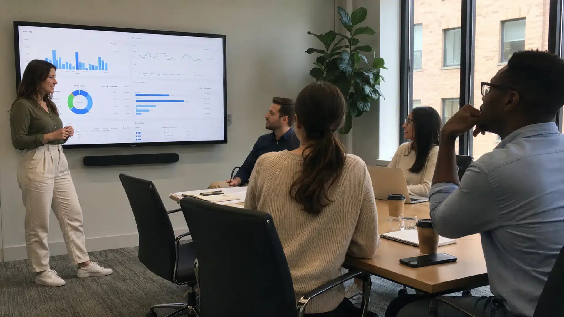 Team meeting with analytics screen