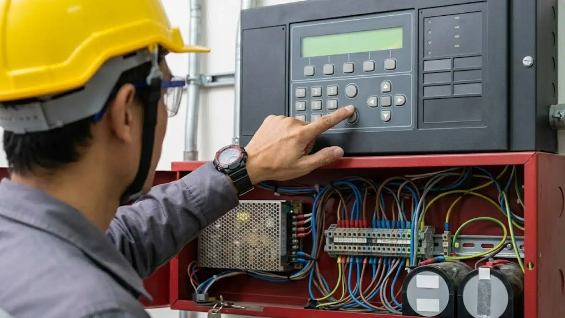 Technician checking a fire alarm control panel during system testing and routine maintenance inspection