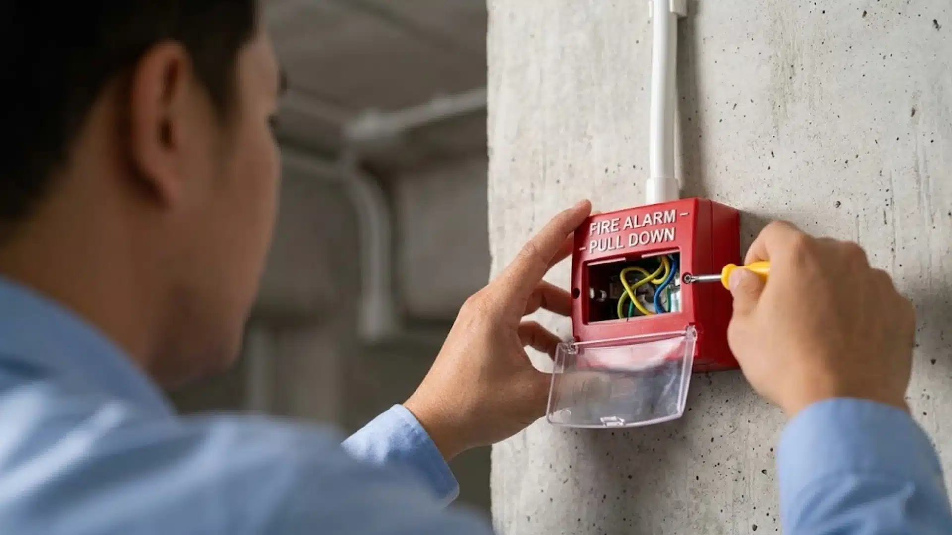 Technician repairing a fire alarm pull station during routine maintenance and electrical safety inspection