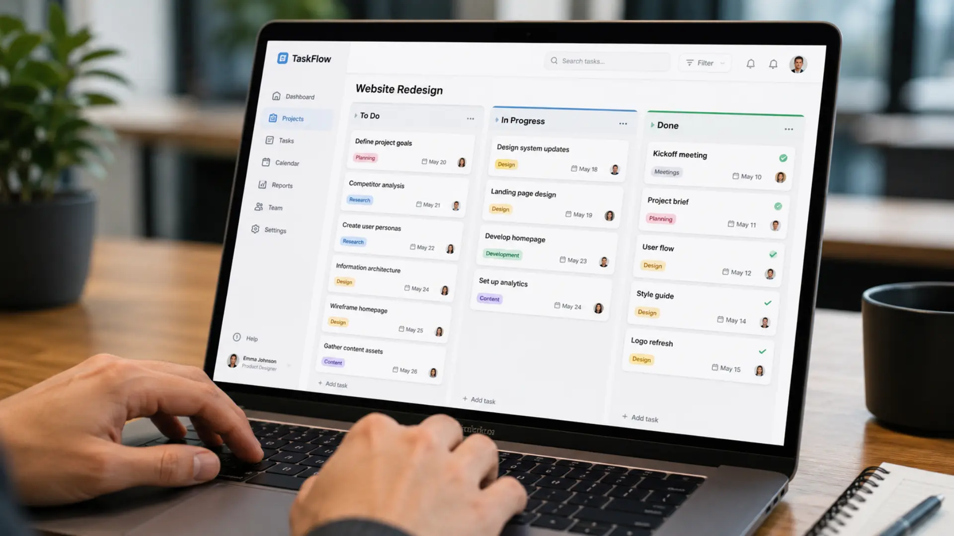 Trello Kanban board on laptop showing To Do, In Progress, and Done columns with task cards